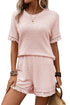 Solid Waffle Knit Fringe Trim Textured Short Set