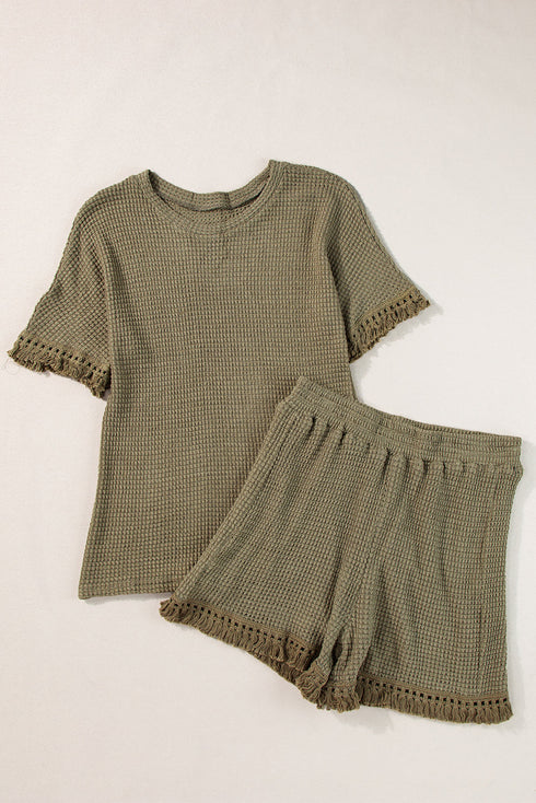 Solid Waffle Knit Fringe Trim Textured Short Set