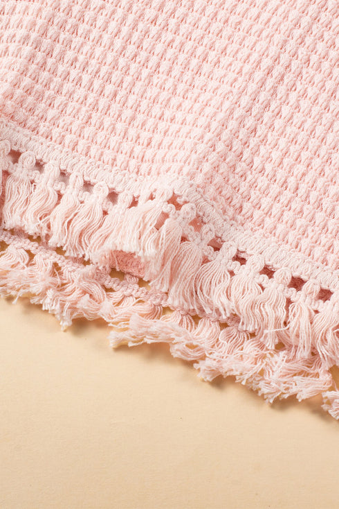 Solid Waffle Knit Fringe Trim Textured Short Set