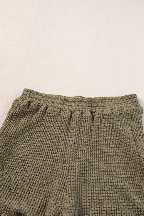 Solid Waffle Knit Fringe Trim Textured Short Set