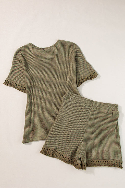 Solid Waffle Knit Fringe Trim Textured Short Set