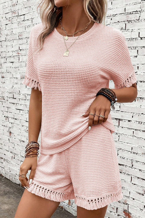 Solid Waffle Knit Fringe Trim Textured Short Set
