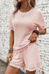 Solid Waffle Knit Fringe Trim Textured Short Set