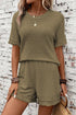 Solid Waffle Knit Fringe Trim Textured Short Set