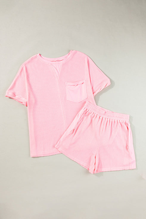 Solid Waffle Knit Oversize Tee And Short Set