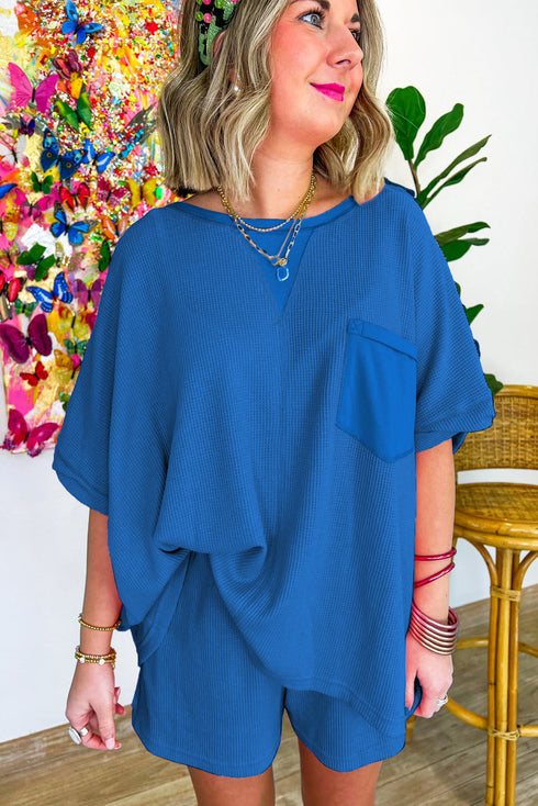 Solid Waffle Knit Oversize Tee And Short Set