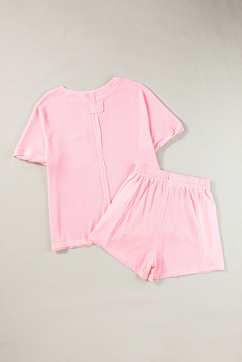 Solid Waffle Knit Oversize Tee And Short Set