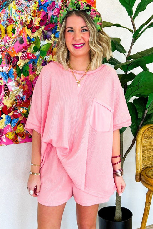 Solid Waffle Knit Oversize Tee And Short Set