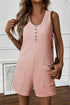 Solid Waffle Knit Sleeveless Button Front Pocket Romper