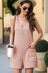 Solid Waffle Knit Sleeveless Button Front Pocket Romper