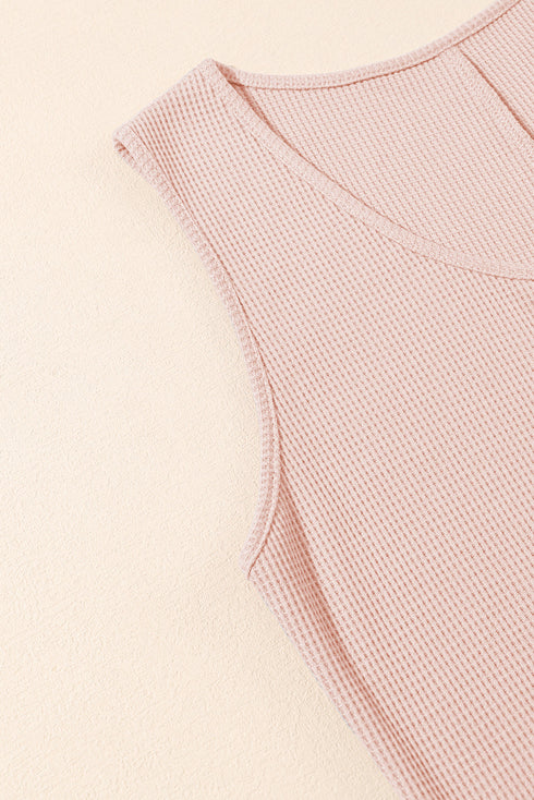 Solid Waffle Knit Sleeveless Button Front Pocket Romper