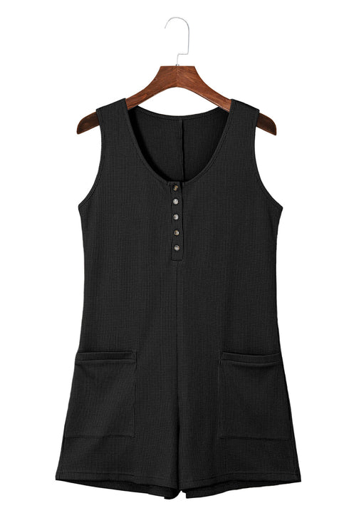Solid Waffle Knit Sleeveless Button Front Pocket Romper