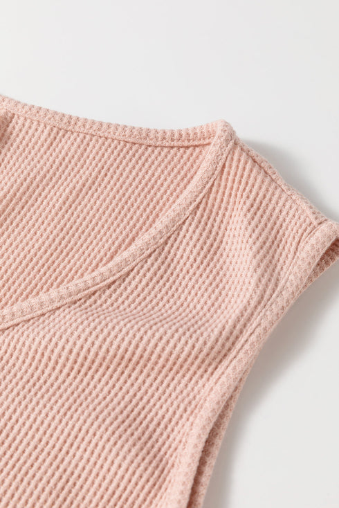 Solid Waffle Knit Sleeveless Button Front Pocket Romper