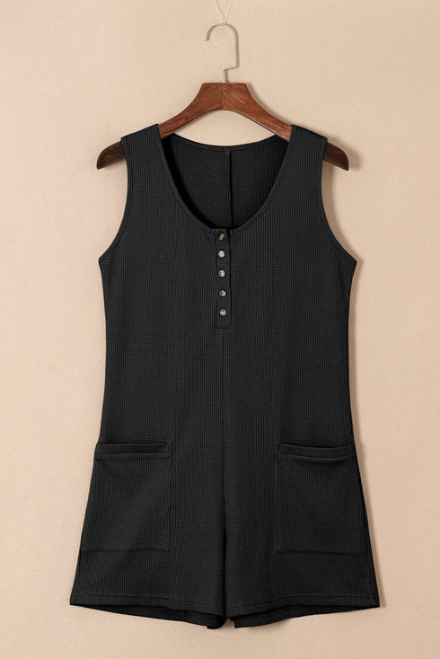 Solid Waffle Knit Sleeveless Button Front Pocket Romper