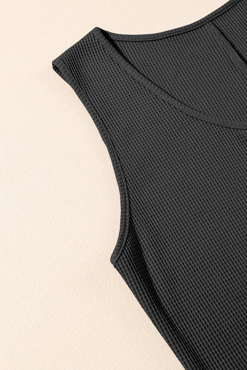 Solid Waffle Knit Sleeveless Button Front Pocket Romper