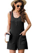 Solid Waffle Knit Sleeveless Button Front Pocket Romper