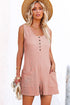 Solid Waffle Knit Sleeveless Button Front Pocket Romper