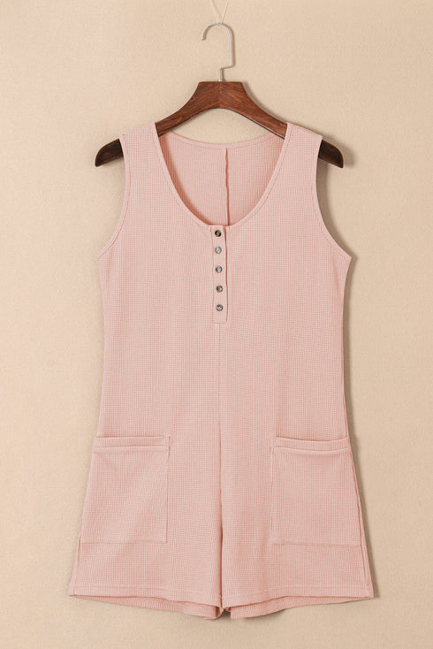 Solid Waffle Knit Sleeveless Button Front Pocket Romper