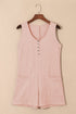 Solid Waffle Knit Sleeveless Button Front Pocket Romper