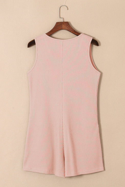 Solid Waffle Knit Sleeveless Button Front Pocket Romper