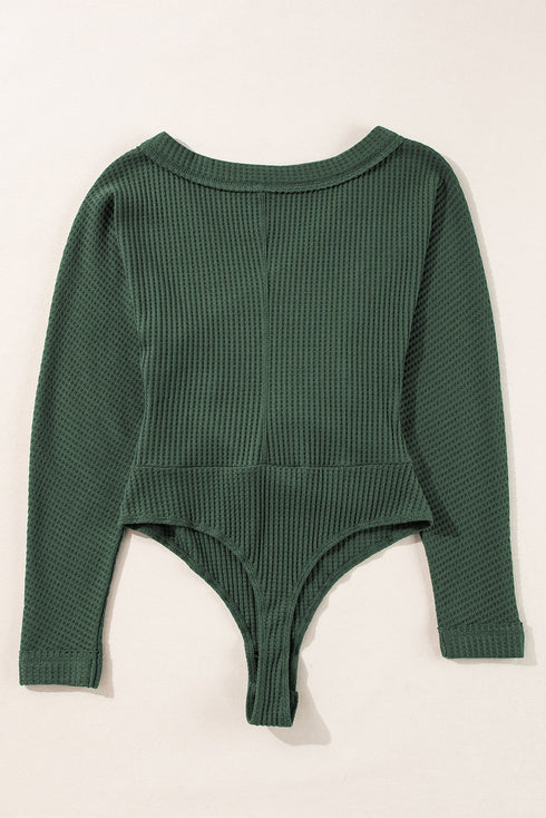 Solid Waffle Knit Slim Fit Wrap V Neck Bodysuit