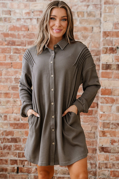 Solid Waffle Knit Western Style Shirt Tunic Mini Dress
