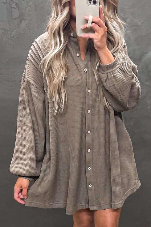 Solid Waffle Knit Western Style Shirt Tunic Mini Dress