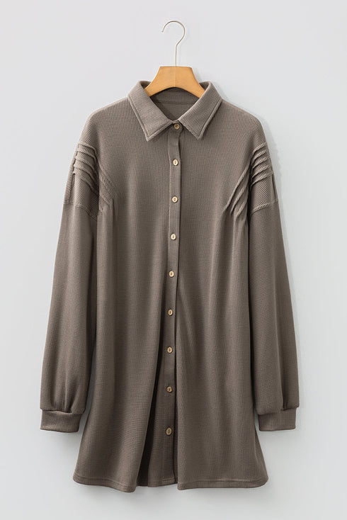 Solid Waffle Knit Western Style Shirt Tunic Mini Dress
