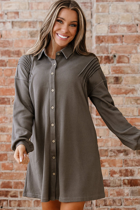Solid Waffle Knit Western Style Shirt Tunic Mini Dress