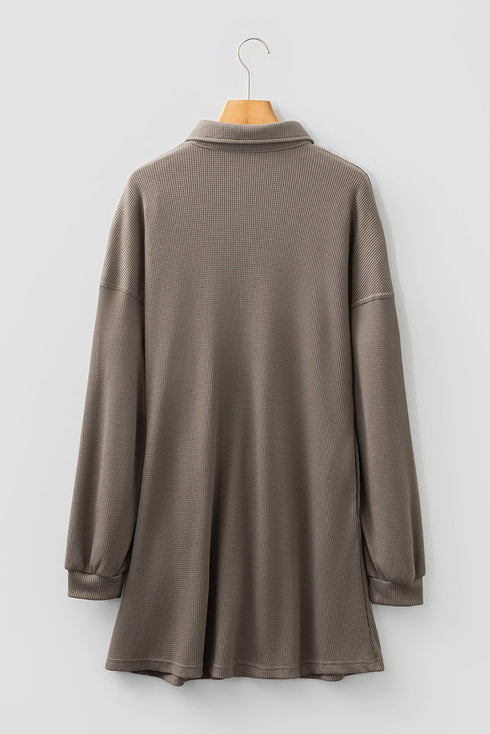 Solid Waffle Knit Western Style Shirt Tunic Mini Dress