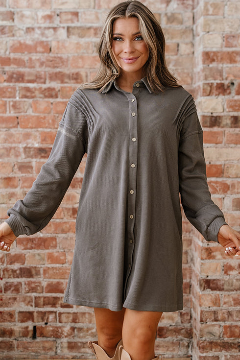 Solid Waffle Knit Western Style Shirt Tunic Mini Dress