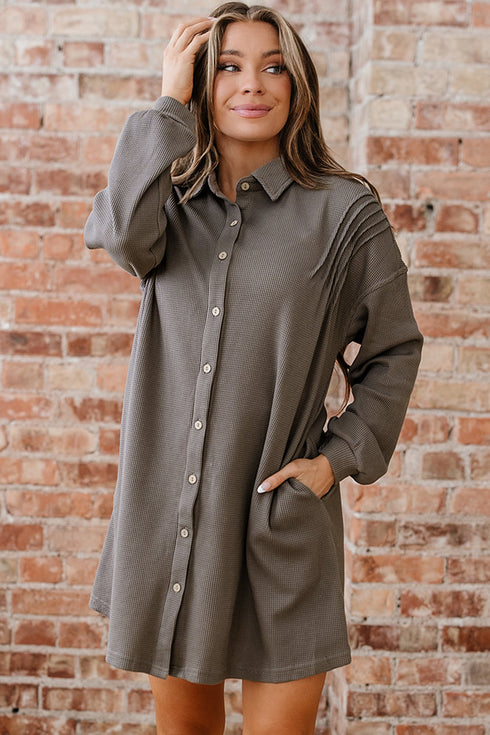 Solid Waffle Knit Western Style Shirt Tunic Mini Dress