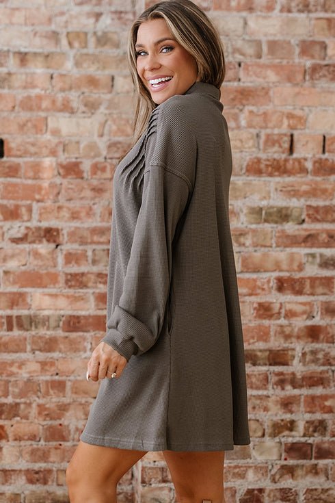 Solid Waffle Knit Western Style Shirt Tunic Mini Dress