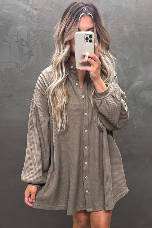 Solid Waffle Knit Western Style Shirt Tunic Mini Dress