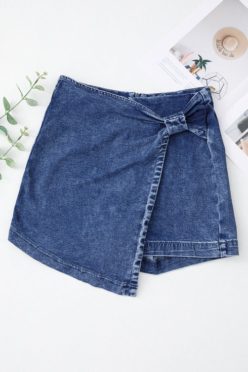 Solid Washed Asymmetric Wrapped Twisted Detail Denim Shorts