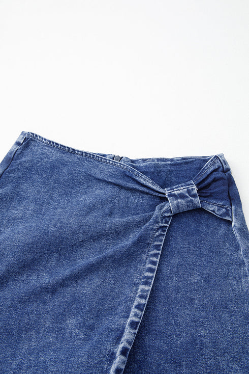 Solid Washed Asymmetric Wrapped Twisted Detail Denim Shorts