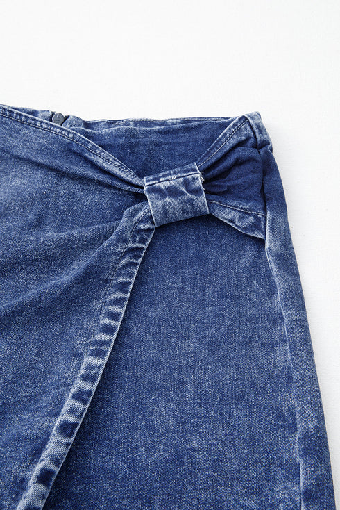 Solid Washed Asymmetric Wrapped Twisted Detail Denim Shorts