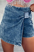 Solid Washed Asymmetric Wrapped Twisted Detail Denim Shorts