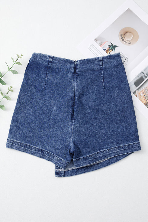 Solid Washed Asymmetric Wrapped Twisted Detail Denim Shorts