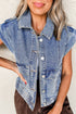 Solid Washed Button Up Elastic Hem Denim Vest