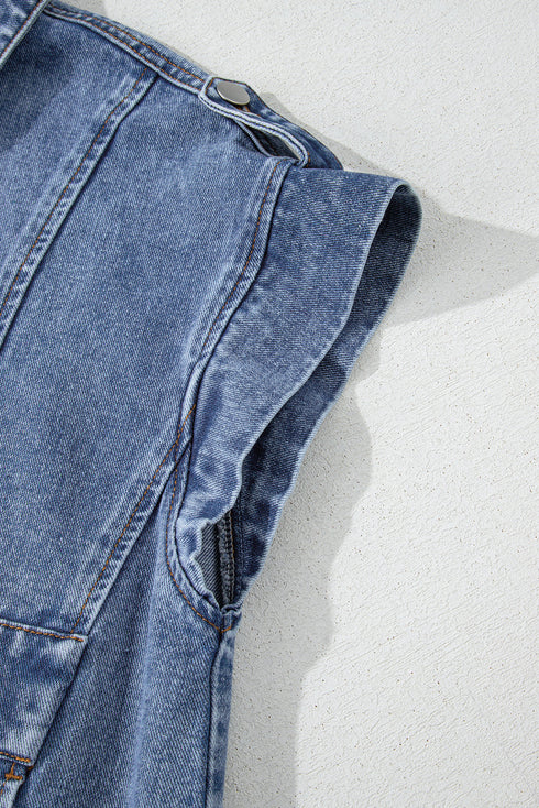 Solid Washed Button Up Elastic Hem Denim Vest
