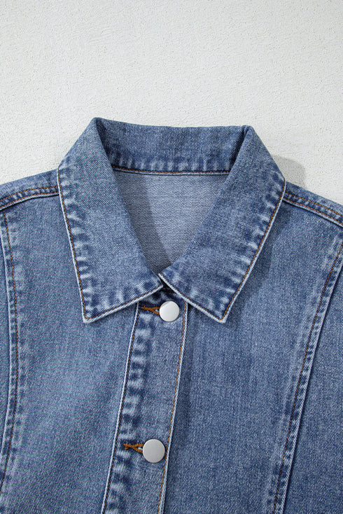 Solid Washed Button Up Elastic Hem Denim Vest