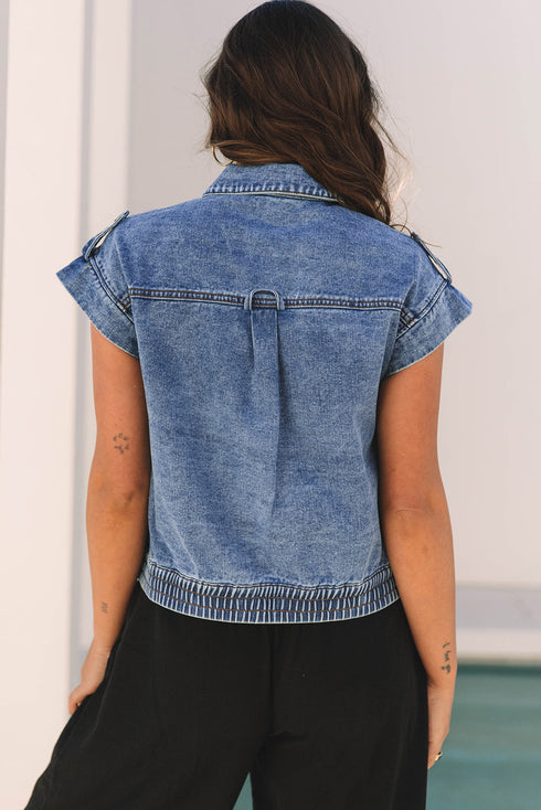 Solid Washed Button Up Elastic Hem Denim Vest