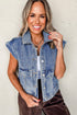 Solid Washed Button Up Elastic Hem Denim Vest