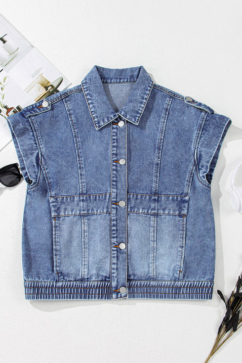 Solid Washed Button Up Elastic Hem Denim Vest