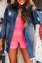 Solid Washed Distressed Frayed Long Denim Jacket