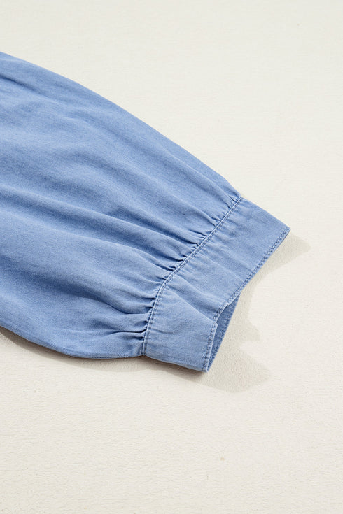 Solid Washed Drop Shoulder Bracelet Sleeve Cotton Shirt