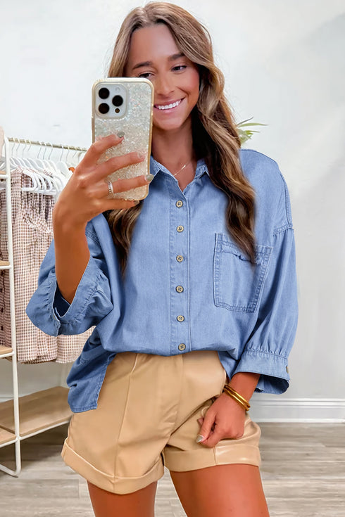 Solid Washed Drop Shoulder Bracelet Sleeve Cotton Shirt