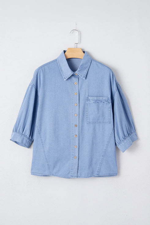 Solid Washed Drop Shoulder Bracelet Sleeve Cotton Shirt