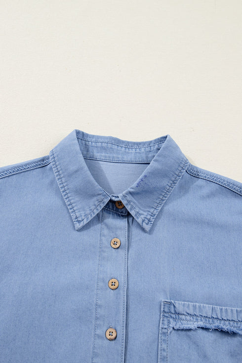 Solid Washed Drop Shoulder Bracelet Sleeve Cotton Shirt